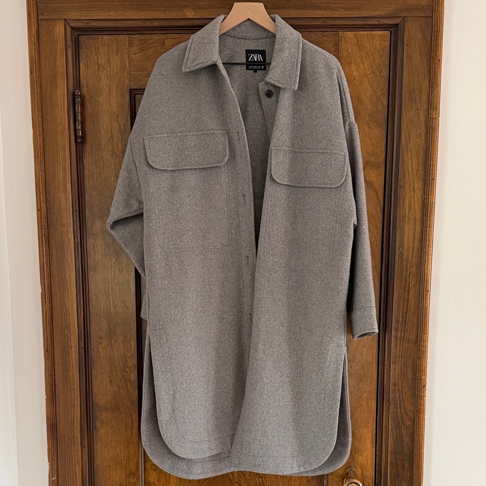 Zara Long Overshirt Coat in Light Gray and Size XS